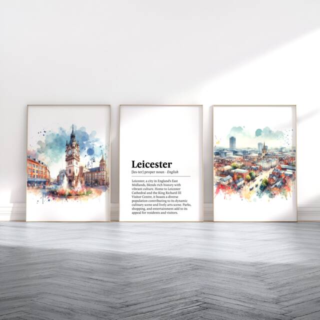 Leicester Poster Prints - Set Of 3 Posters - Watercolour Wall Art Decor Travel England Hanging Artwork Gift UK Painting - image 1