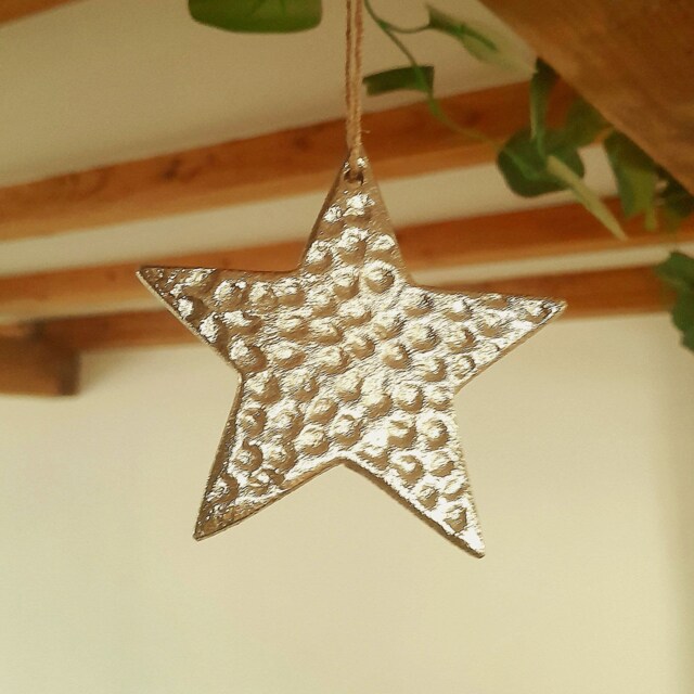 Hammered Metal Silver Hanging Star Decoration - The Home & Hearts Shop Rustic Wall Shabby Wedding Gift Christmas - image 1