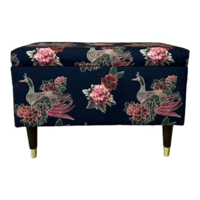 Peacock Fabric Ottoman Long Storage Box With Wood & Brass Legs - image 1