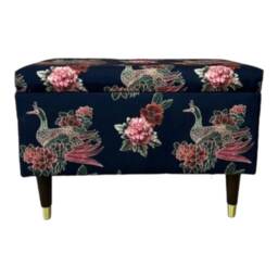 Peacock Fabric Ottoman Long Storage Box With Wood & Brass Legs