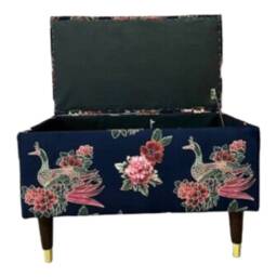 Peacock Fabric Ottoman Long Storage Box With Wood & Brass Legs - thumbnail 3