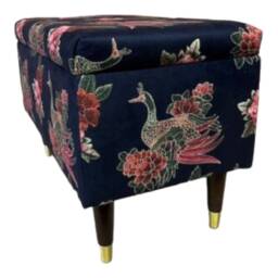 Peacock Fabric Ottoman Long Storage Box With Wood & Brass Legs - thumbnail 2