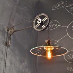Vintage Industrial Pulley Sconce - Mirrored Shade Wall Mount Light Machine Age Trouble Lamp Lighting - thumbnail 2