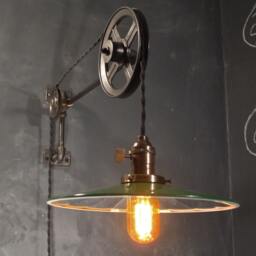 Vintage Industrial Pulley Sconce - Mirrored Shade Wall Mount Light Machine Age Trouble Lamp Lighting - thumbnail 4