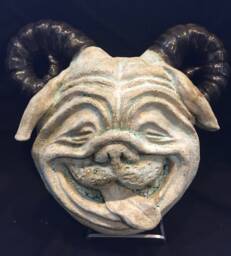 Smiling Horned Pug Dogoyle Ceramic Sculpture Wall Art