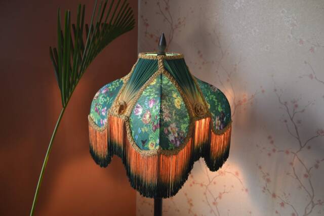 Handmade Victorian Lampshade Green Secret Garden Print With Rayon Fringe - image 1