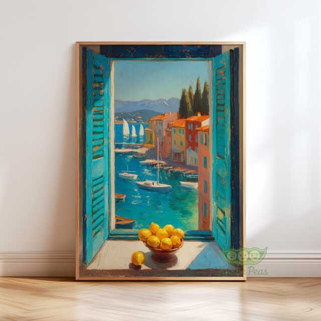Mediterranean Kitchen Window Art, Italian Coastal Village Print, Rustic Seaside Home Decor, Sunlit Summer Artwork, Bright Tuscan Wall Art - image 1