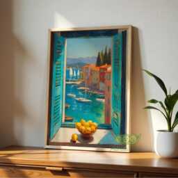 Mediterranean Kitchen Window Art, Italian Coastal Village Print, Rustic Seaside Home Decor, Sunlit Summer Artwork, Bright Tuscan Wall Art - thumbnail 3