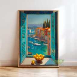 Mediterranean Kitchen Window Art, Italian Coastal Village Print, Rustic Seaside Home Decor, Sunlit Summer Artwork, Bright Tuscan Wall Art - thumbnail 1
