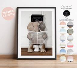 Elephant On Toilet With Newspaper, Victorian Toilet, Funny Bathroom Print, Animal Paper, Whimsy - thumbnail 1