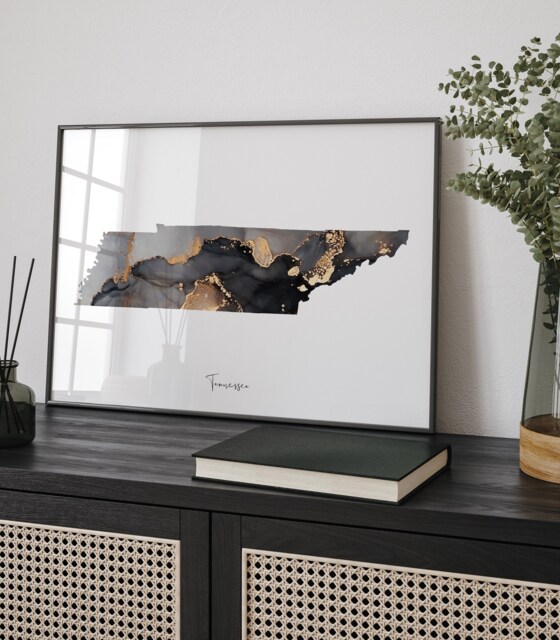 Tennessee Map Black & Gold Wall Art Print Us State - Usa United States Of America - image 1