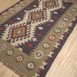 Handwoven Wool Jute Rug, Navajo Kilim Style, Boho Aztec Decor - thumbnail 2