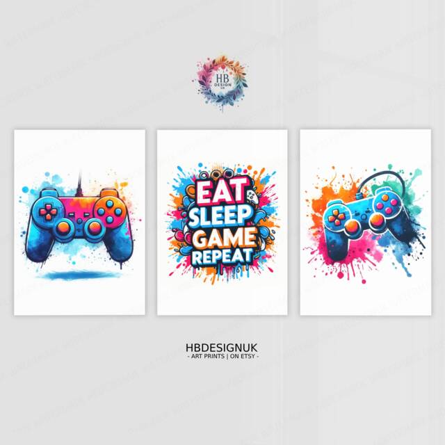 Eat Sleep Game Repeat - Set Of 3 Gamer Prints - Teen Boys Bedroom Decor Gift Poster Gaming Room Video Wall Art Print - image 1