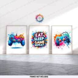Eat Sleep Game Repeat - Set Of 3 Gamer Prints - Teen Boys Bedroom Decor Gift Poster Gaming Room Video Wall Art Print - thumbnail 2