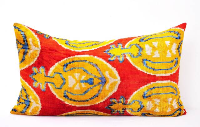 Red Yellow Silk Velvet Ikat Pillow Cover, Handmade Cushion - image 1