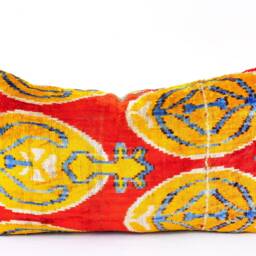 Red Yellow Silk Velvet Ikat Pillow Cover, Handmade Cushion - thumbnail 2