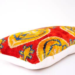 Red Yellow Silk Velvet Ikat Pillow Cover, Handmade Cushion - thumbnail 3
