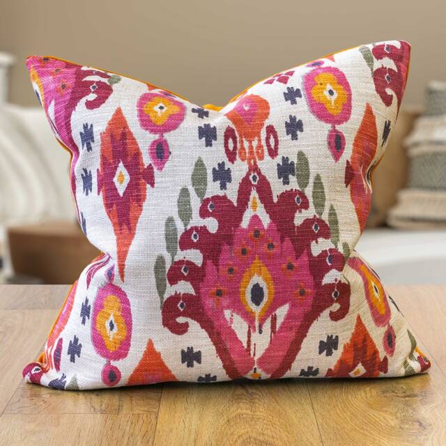 Heavyweight Linen-Blend Ikat Cushion in Bright Pink & Orange. Moroccan Inspired Geometric Design, Backed With A Supersoft Velvet. 17x17 - image 1