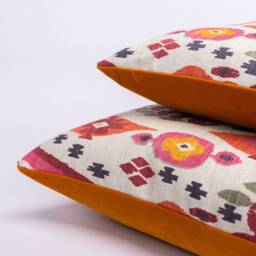 Heavyweight Linen-Blend Ikat Cushion in Bright Pink & Orange. Moroccan Inspired Geometric Design, Backed With A Supersoft Velvet. 17x17 - thumbnail 2