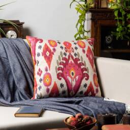 Heavyweight Linen-Blend Ikat Cushion in Bright Pink & Orange. Moroccan Inspired Geometric Design, Backed With A Supersoft Velvet. 17x17 - thumbnail 3