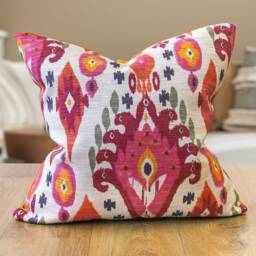 Heavyweight Linen-Blend Ikat Cushion in Bright Pink & Orange. Moroccan Inspired Geometric Design, Backed With A Supersoft Velvet. 17x17