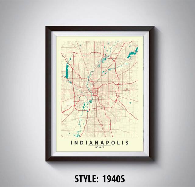 Indianapolis Map Poster Indiana Travel Wall Art - 1940S Style - image 1