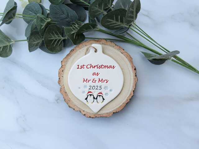 First Christmas As Mr & Mrs, Handmade Ceramic Decoration For New Husband Wife, Gift 1st Xmas 2025 - image 1