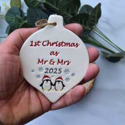 First Christmas As Mr & Mrs, Handmade Ceramic Decoration For New Husband Wife, Gift 1st Xmas 2025 - thumbnail 2