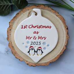 First Christmas As Mr & Mrs, Handmade Ceramic Decoration For New Husband Wife, Gift 1st Xmas 2025 - thumbnail 3