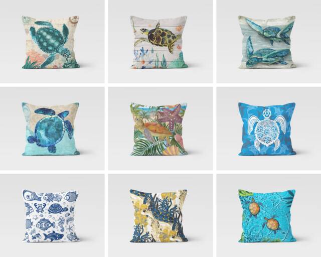 Caretta Pattern Decorative Pillow Cover/Sea Turtle Throw Pillow/Sea Cover/Decor Home Pillow/Blue & Turquoise Case/Yacht Boat - image 1