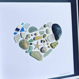 Cornish Sea Glass & Shell Heart Picture Framed Coastal Wall Art Gift For Her Anniversary Handmade in Cornwall - thumbnail 3