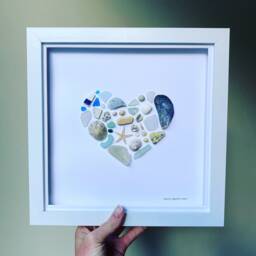 Cornish Sea Glass & Shell Heart Picture Framed Coastal Wall Art Gift For Her Anniversary Handmade in Cornwall - thumbnail 2