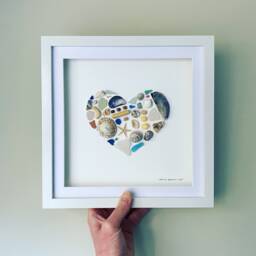 Cornish Sea Glass & Shell Heart Picture Framed Coastal Wall Art Gift For Her Anniversary Handmade in Cornwall