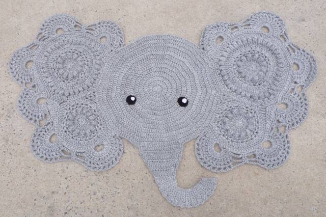 Crocheted Elephant Accent Rug/Wall Hanging/Animal Theme Nursery African Decor Pacaderm Mat