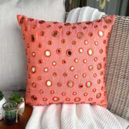 "Circle & Dots Mirror Work Peach Orange Pillow Sham, 24""x24""/26""x26" - thumbnail 2