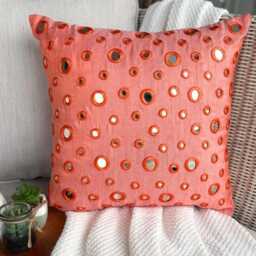 "Circle & Dots Mirror Work Peach Orange Pillow Sham, 24""x24""/26""x26"