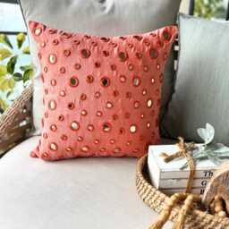 "Circle & Dots Mirror Work Peach Orange Pillow Sham, 24""x24""/26""x26" - thumbnail 3