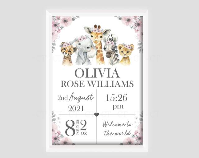 Personalised Safari Animal Zoo Jungle Decor Girls Print Unframed Birth Gift Baby Keepsake Lion Elephant Giraffe Wall Art Pink Floral Flower - image 1
