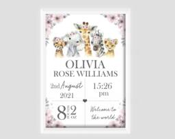Personalised Safari Animal Zoo Jungle Decor Girls Print Unframed Birth Gift Baby Keepsake Lion Elephant Giraffe Wall Art Pink Floral Flower - thumbnail 1