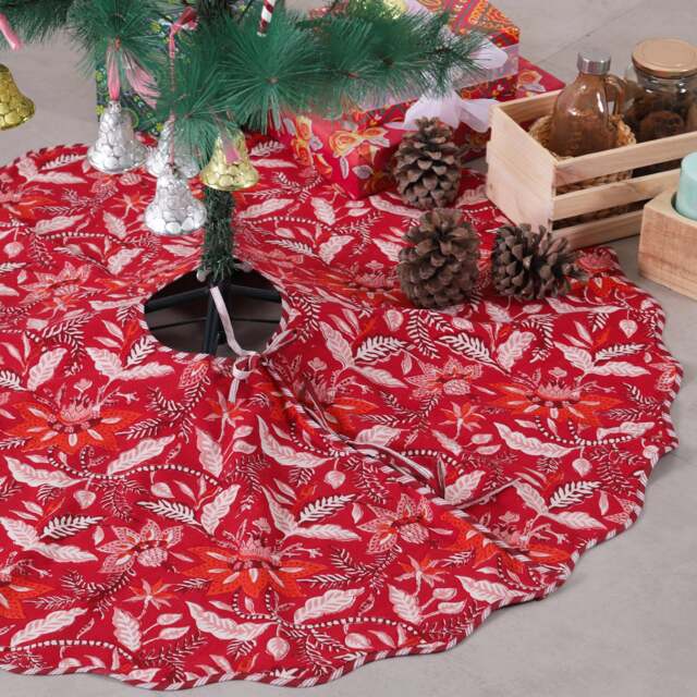 Red Floral Indian Block Printed Christmas Piping Scallops Tree Skirt, 48 Inch Cotton Farmhouse Boho Xmas Mat For Holiday - image 1