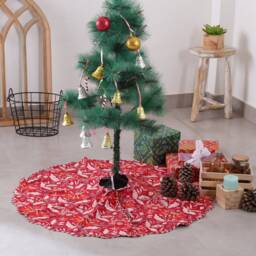 Red Floral Indian Block Printed Christmas Piping Scallops Tree Skirt, 48 Inch Cotton Farmhouse Boho Xmas Mat For Holiday - thumbnail 2