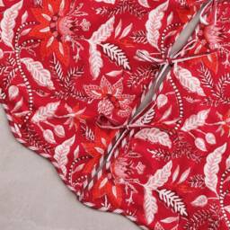 Red Floral Indian Block Printed Christmas Piping Scallops Tree Skirt, 48 Inch Cotton Farmhouse Boho Xmas Mat For Holiday - thumbnail 4