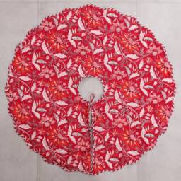 Red Floral Indian Block Printed Christmas Piping Scallops Tree Skirt, 48 Inch Cotton Farmhouse Boho Xmas Mat For Holiday - thumbnail 3