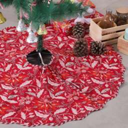 Red Floral Indian Block Printed Christmas Piping Scallops Tree Skirt, 48 Inch Cotton Farmhouse Boho Xmas Mat For Holiday