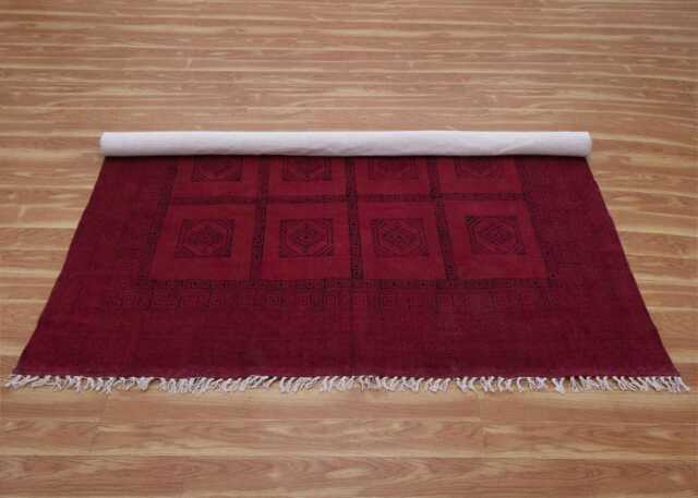 Hand Block Printed Cotton Kilim Rug Red Geometric Stair Runner - image 1