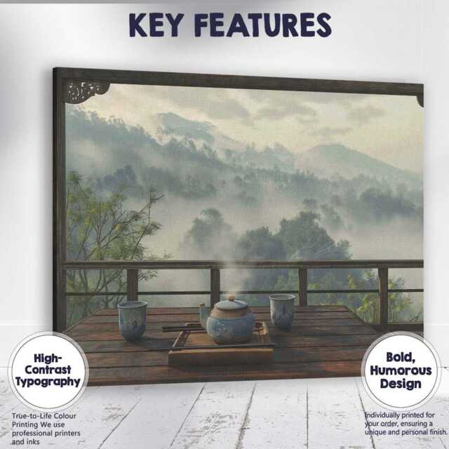 Peaceful Mountain Tea Ceremony Balcony Misty Landscape Canvas Wall Art Print Decor Picture Ready To Hang - image 1