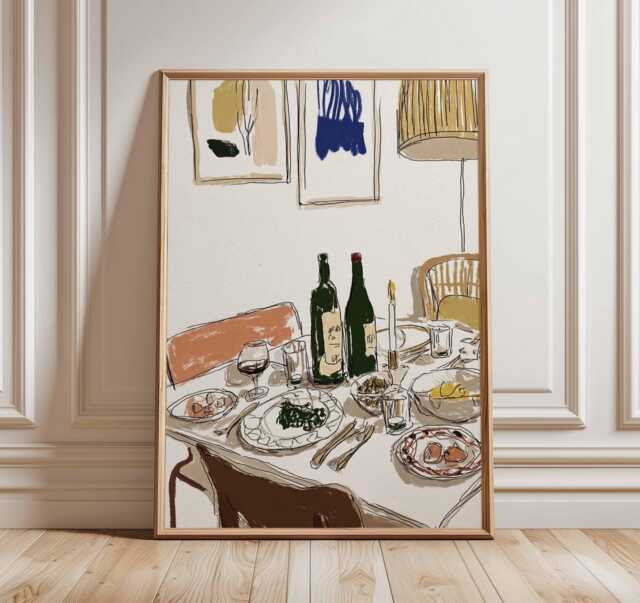 Modern Dining Table Wall Art Print, Wine & Food Illustration Poster, Contemporary Kitchen Decor, Dinner Party Artwork - image 1