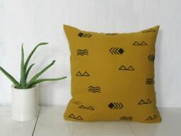 Mustard Linen Pillow Cover With Black Symbol Print/Decorative Throw Cushion Bedding Accent Block Printed Yellow Flax Heiroglyphics Minimal - thumbnail 1