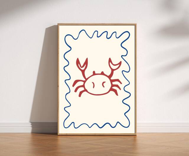 Minimalist Crab Print Coastal Doodle Art, Nautical Home Decor - image 1