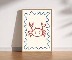 Minimalist Crab Print Coastal Doodle Art, Nautical Home Decor - thumbnail 1